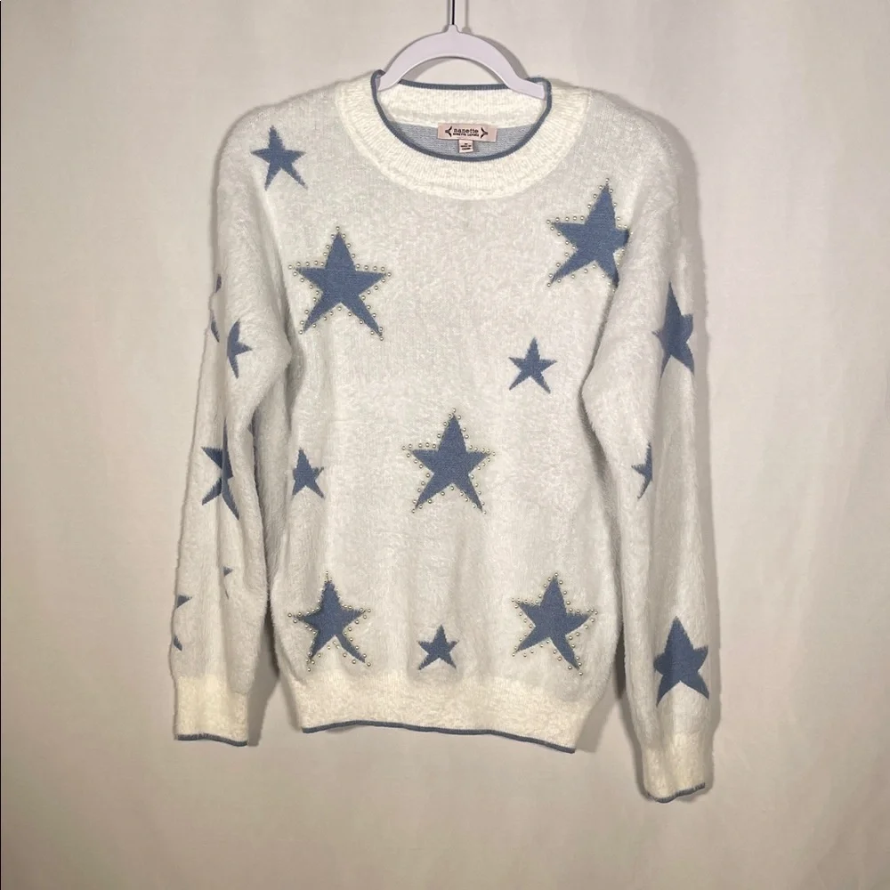NANETTE LEPORE WOMENS SOFT STAR PEARL EMBELLISHED SWEATER WHITE BLUE MEDIUM